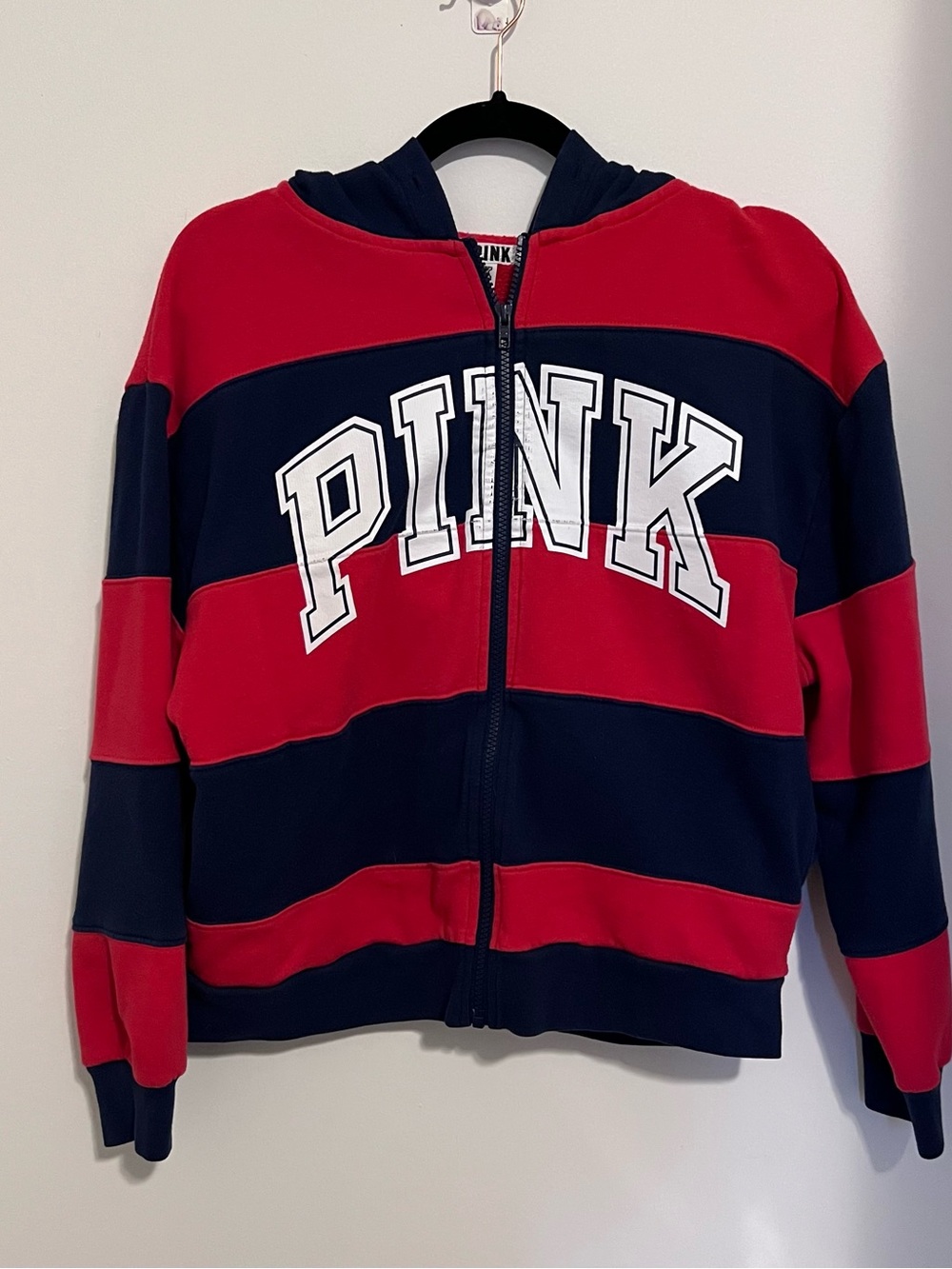 PINK Victoria's Secret Red & Navy Striped Zip Hoodie